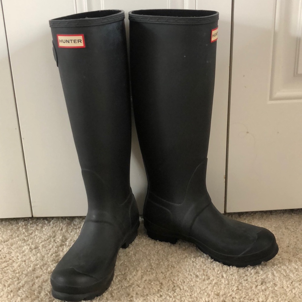 Hunter rain boots.